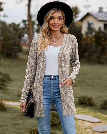 Ribbed Button-Up Cardigan with Pockets