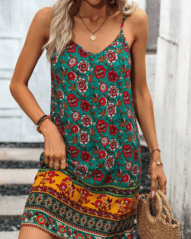 Printed Spaghetti Strap V-Neck Dress