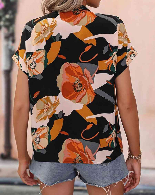 Printed Notched Neck Short Sleeve Blouse