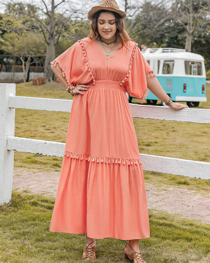 Plus Size Tassel Trim V-Neck Short Sleeve Ruffle Hem Dress