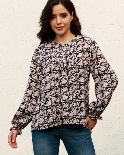 Floral Flounce Sleeve Round Neck Blouse