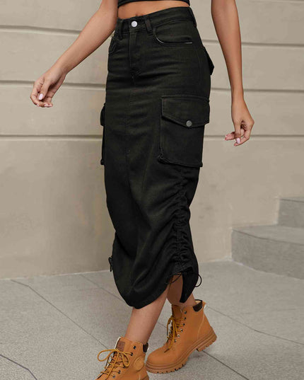 Drawstring Ruched Slit Denim Midi Skirt