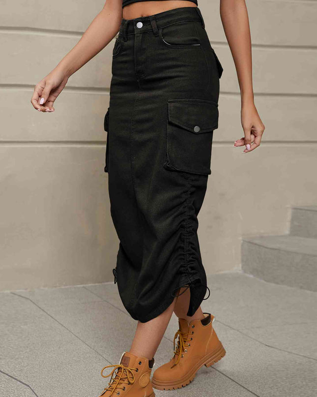 Drawstring Ruched Slit Denim Midi Skirt
