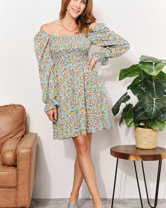 Double Take Floral Smocked Flounce Sleeve Square Neck Dress