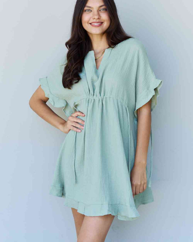 Ninexis Out Of Time Full Size Ruffle Hem Dress with Drawstring Waistband in Light Sage