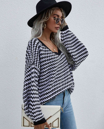 Striped Drop Shoulder V-Neck Pullover Sweater