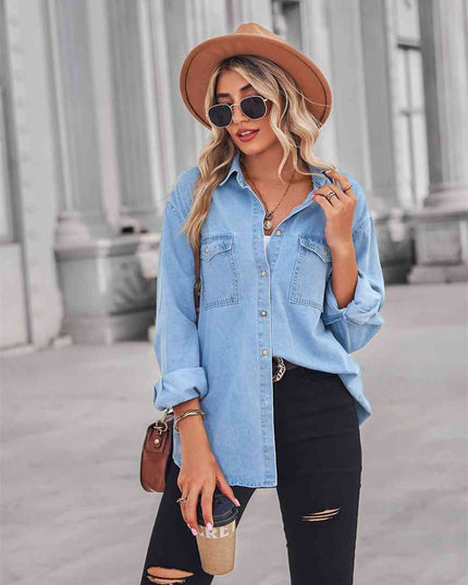 Collared Neck Dropped Shoulder Denim Top