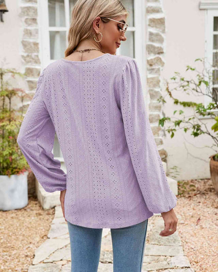 Eyelet Notched Neck Balloon Sleeve Blouse