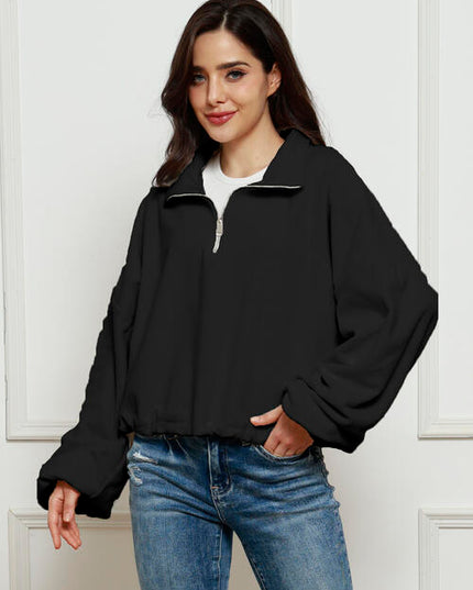 Half-Zip Collared Drop Shoulder Fleece Sweatshirt