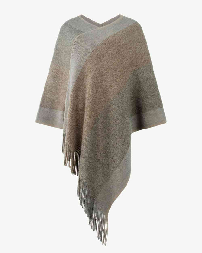 Color Block Fringe Hem Poncho