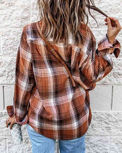 Collared Neck Long Sleeve Plaid Shirt