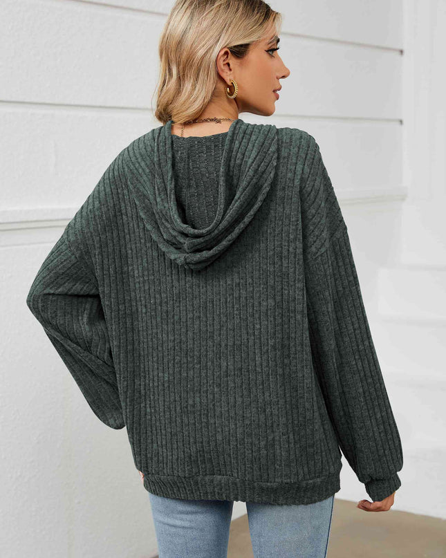Drawstring Dropped Shoulder Ribbed Hoodie