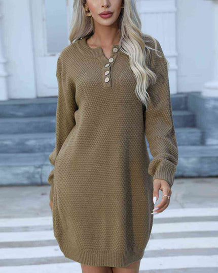 Buttoned Round Neck Long Sleeve Sweater Dress