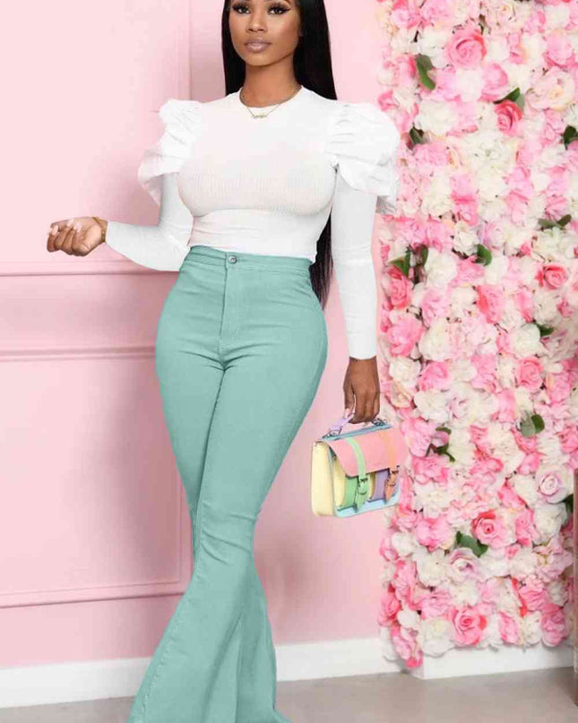 Leg-Of-Mutton Sleeve Top and Flare Pants Set