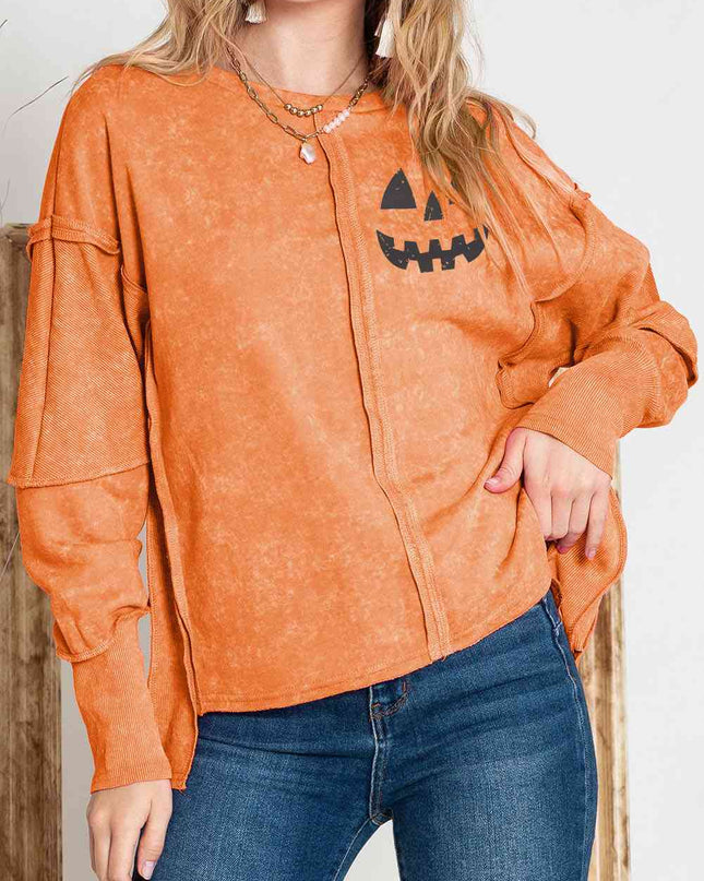 Round Neck Long Sleeve Jack-O'-Lantern Graphic Blouse