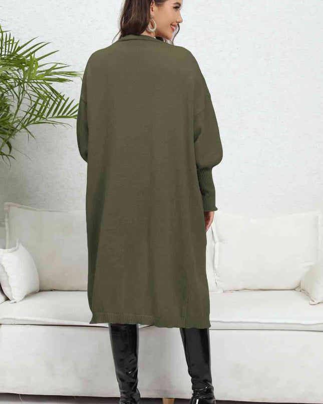 Lantern Sleeve Open Front Pocketed Cardigan