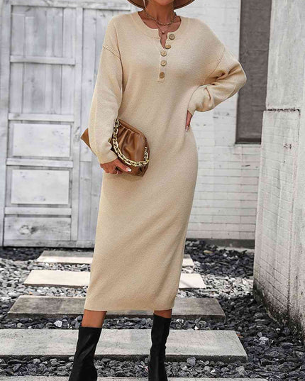 Notched Neck Dropped Shoulder Button-Down Midi Dress