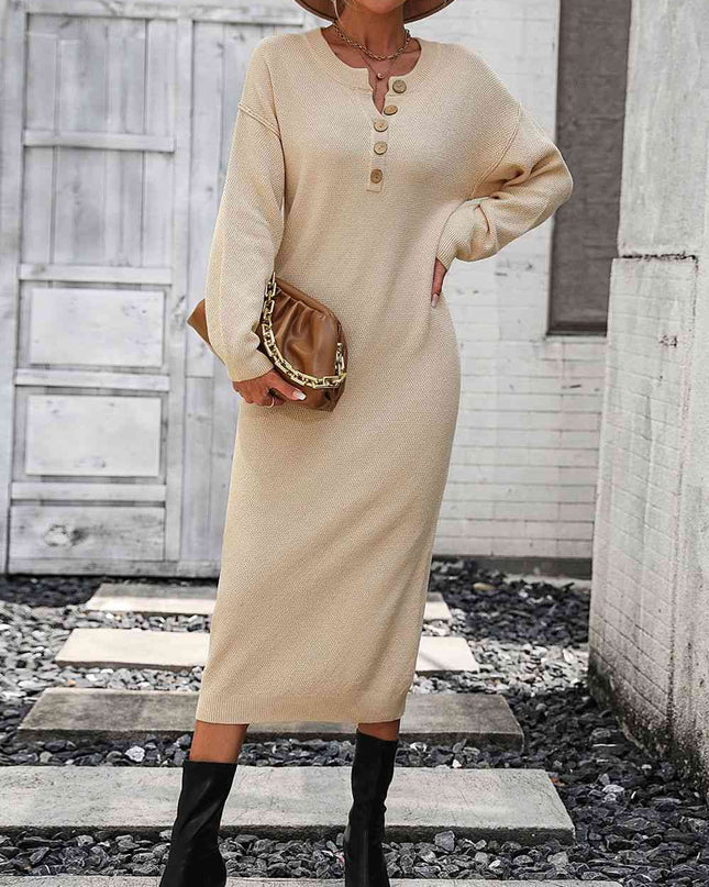 Notched Neck Dropped Shoulder Button-Down Midi Dress