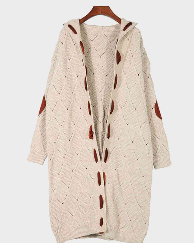 Openwork Long Sleeve Open Front Hooded Cardigan