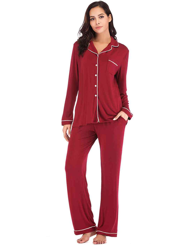 Collared Neck Long Sleeve Loungewear Set with Pockets