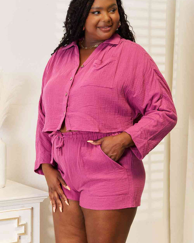Basic Bae Buttoned Long Sleeve Top and Shorts Set