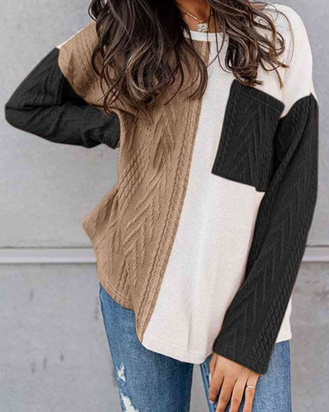 Full Size Color Block Cable-Knit Tops
