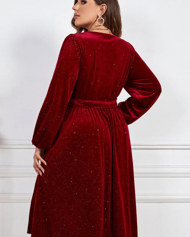 Melo Apparel Plus Size Surplice Neck Balloon Sleeve Tie Belt Midi Dress