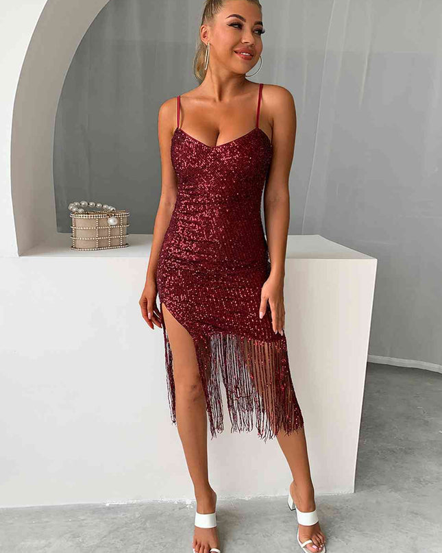 Sequin Fringe Spaghetti Strap Dress