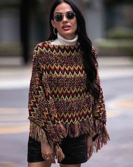 Fringe Hem Boat Neck Poncho