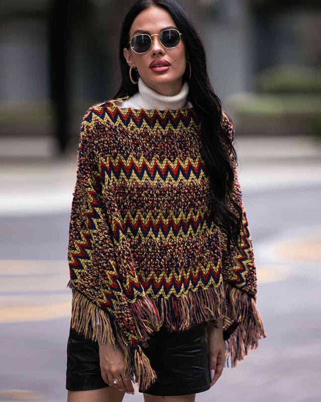 Fringe Hem Boat Neck Poncho