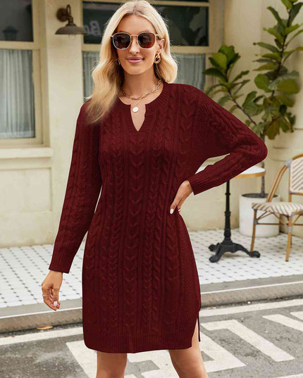 Notched Neck Cable-Knit Slit Sweater Dress