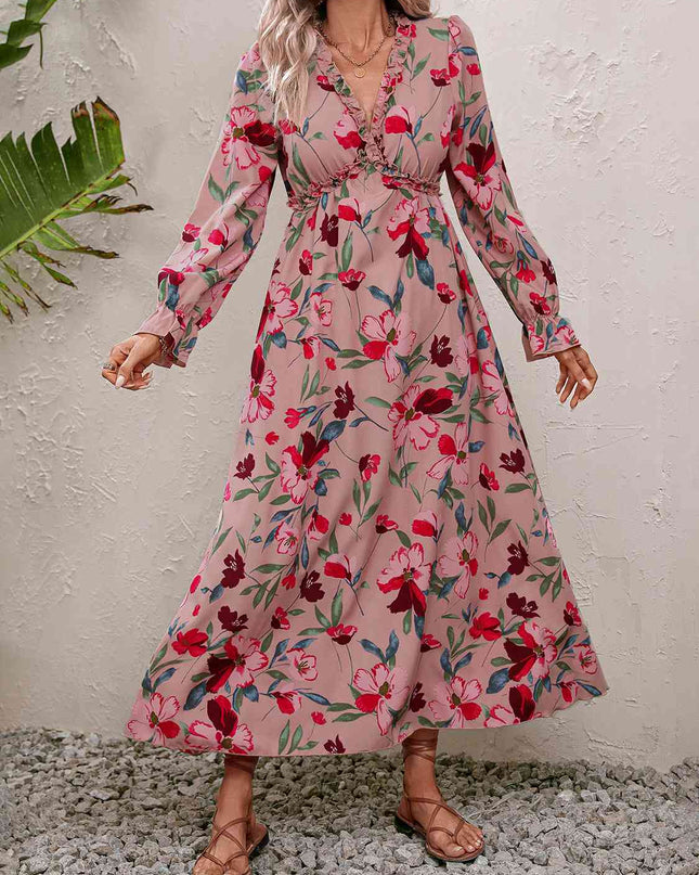 Floral Frill Trim V-Neck Maxi Dress