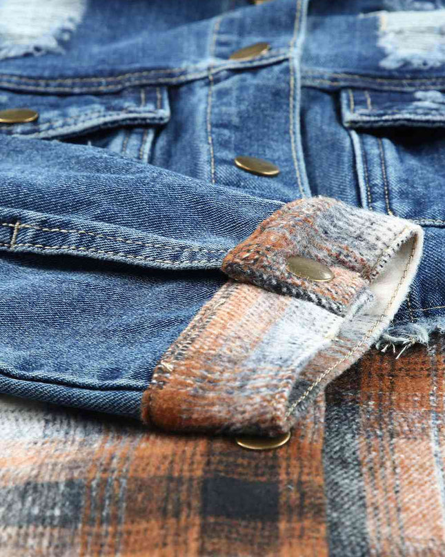 Plaid Distressed Raw Hem Snap Down Denim Jacket