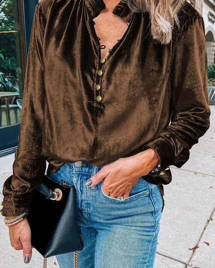 Notched Neck Buttoned Long Sleeve Velvet Blouse
