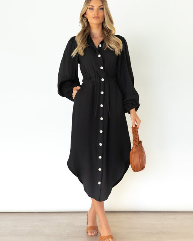 Drawstring Button Up Balloon Sleeve Dress