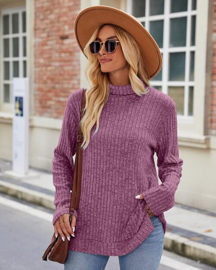 Ribbed Turtleneck Long Sleeve Slit Knit Top
