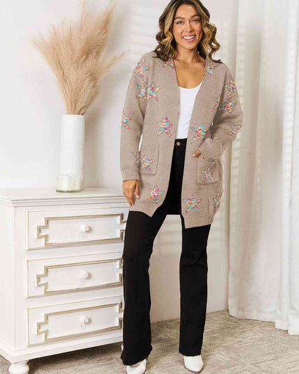 Star Pattern Open Front Cardigan with Pockets
