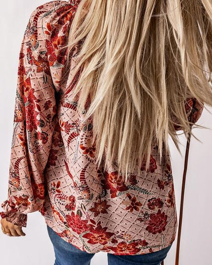 Floral Tie Neck Flounce Sleeve Blouse
