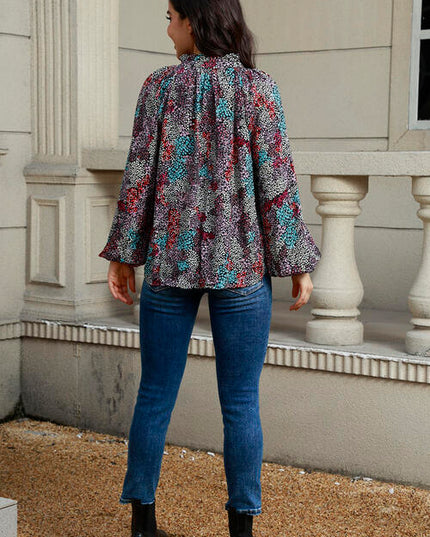 Tie Neck Heathered Balloon Sleeve Blouse