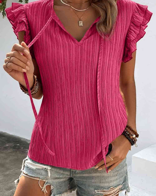Textured Tie Neck Butterfly Sleeve Blouse