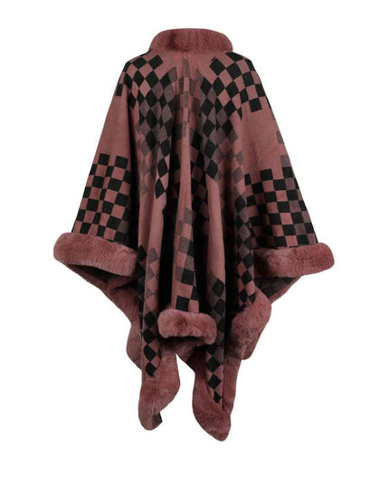 Checkered Faux Fur Trim Poncho