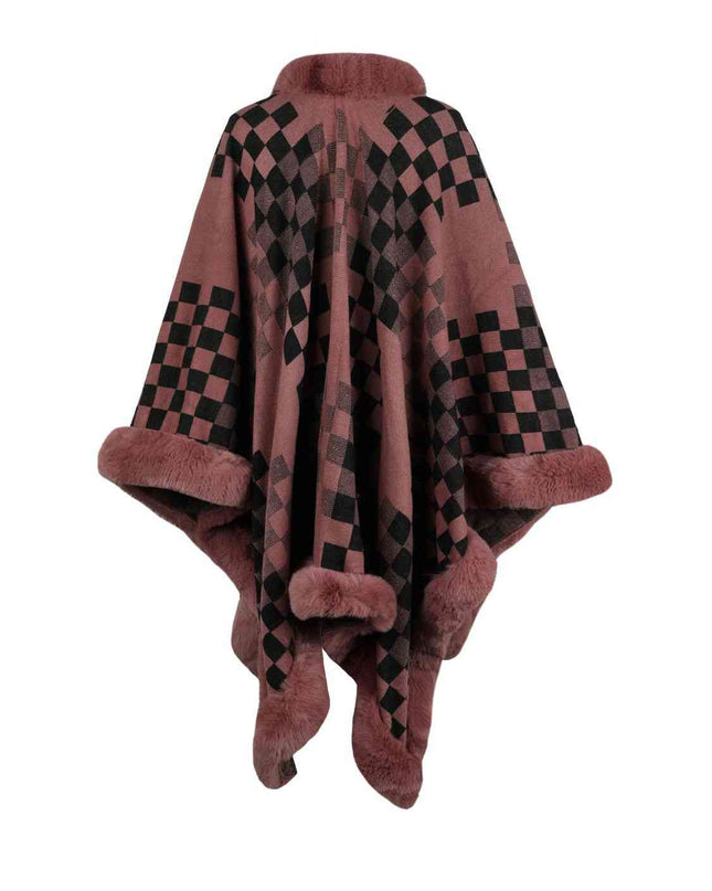 Checkered Faux Fur Trim Poncho