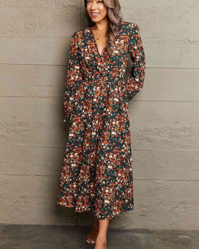 Printed Surplice Neck Long Sleeve Dress