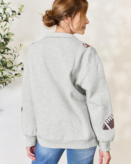 Double Take Full Size Sequin Football Half Zip Long Sleeve Sweatshirt