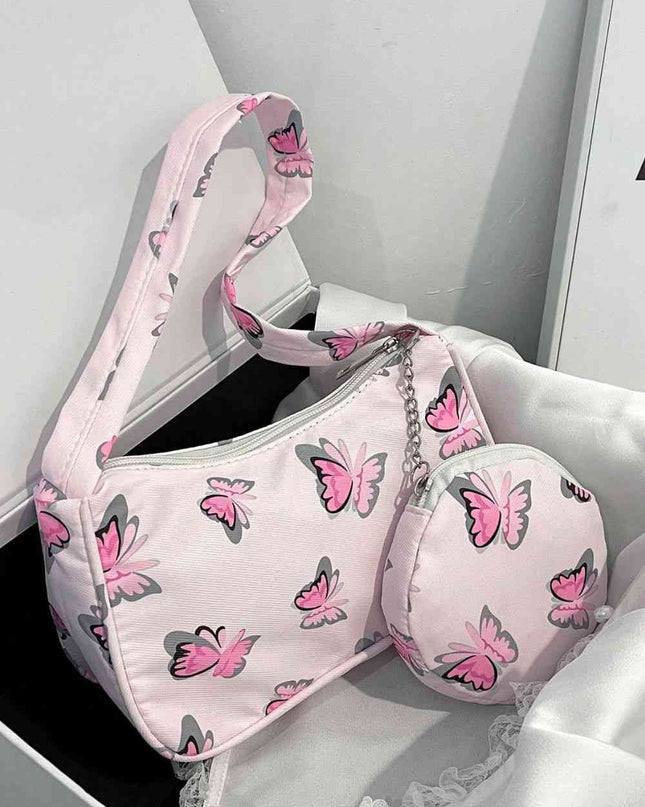 Butterfly Print Shoulder Bag with Purse