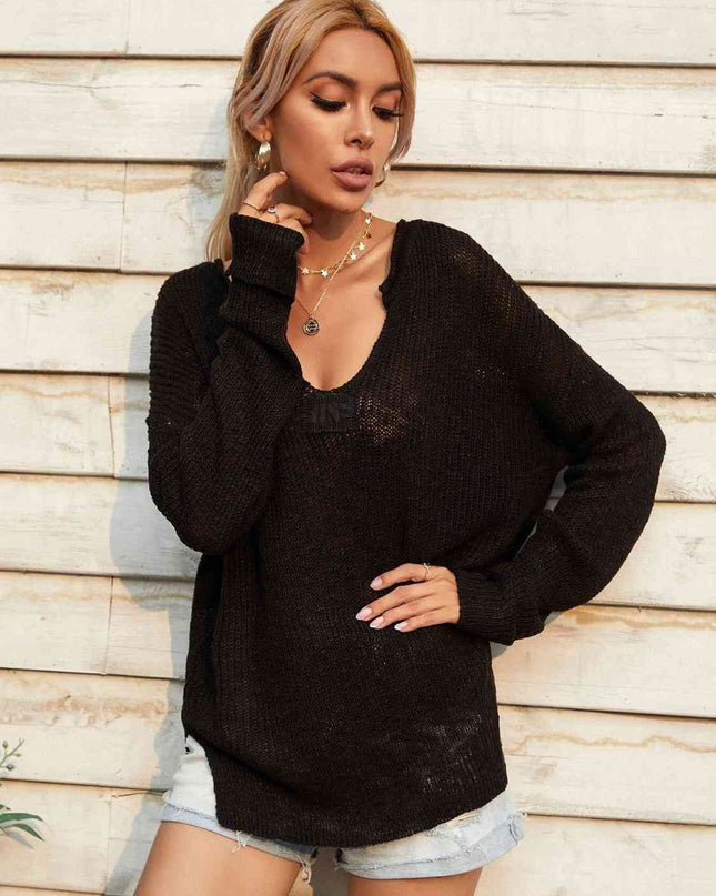 Notched Neck Slit Knit Top