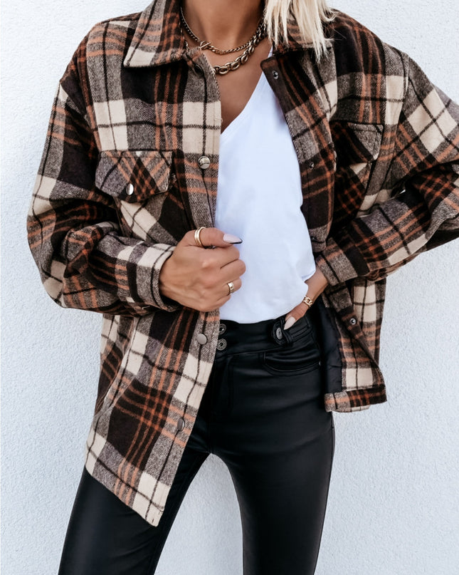 Pocketed Plaid Snap Down Dropped Shoulder Jacket