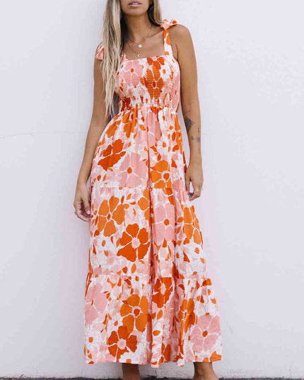 Floral Tie-Shoulder Smocked Maxi Dress