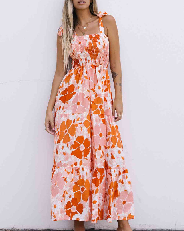 Floral Tie-Shoulder Smocked Maxi Dress