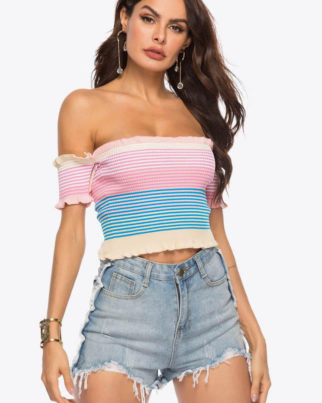 Striped Off-Shoulder Frill Hem Knit Top